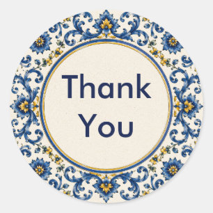 Mediterranean Blue Tile   Italian Ceramic Floral  Classic Round Sticker