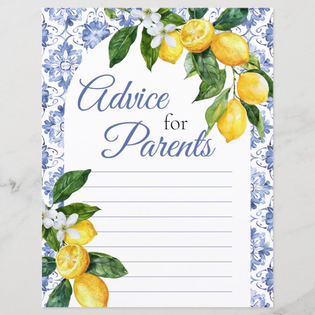 Mediterranean Blue Tile Lemon Advice for Parents (Front)