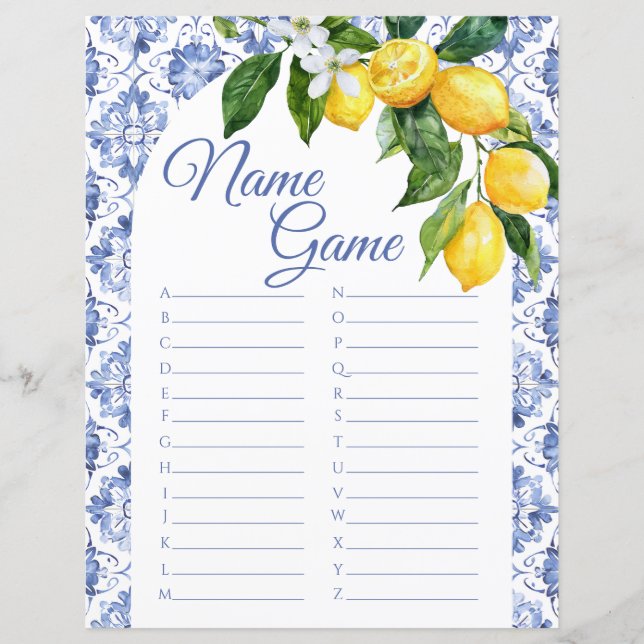Mediterranean Blue Tile Lemon Baby Showe Name Game (Front)