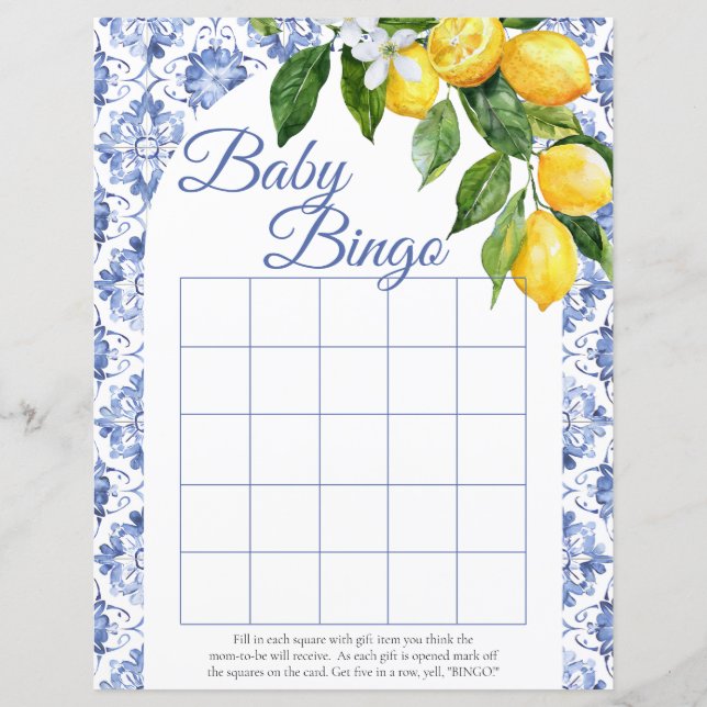 Mediterranean Blue Tile Lemon Baby Shower Bingo (Front)