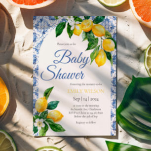 Mediterranean Blue Tile Lemon Baby Shower Invitation