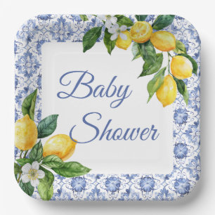 Mediterranean Blue Tile Lemon Baby Shower  Paper Plate