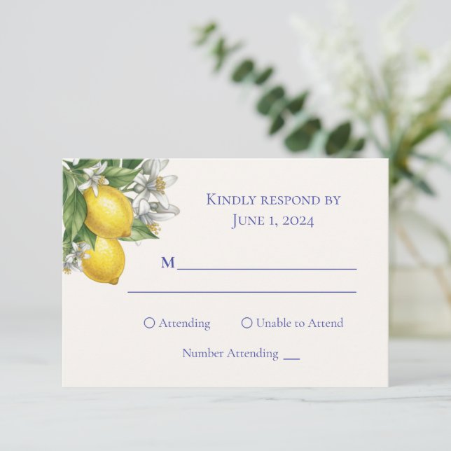 Mediterranean Blue Tile & Lemon Branch Wedding RSVP Card (Standing Front)
