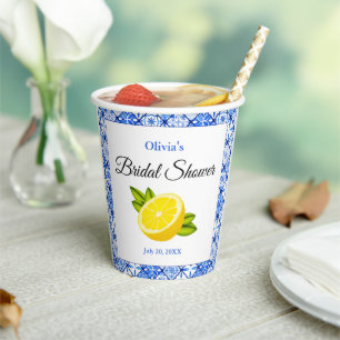 Mediterranean Blue Tile Lemon Bridal Shower Paper Cups
