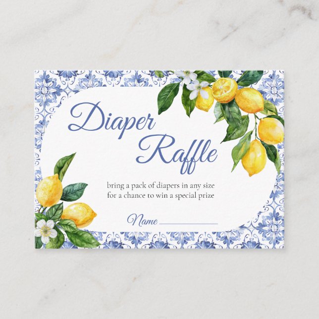 Mediterranean Blue Tile Lemon Diaper Raffle  Enclosure Card (Front)
