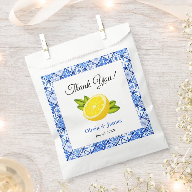Mediterranean Blue Tile Lemon Thank You Wedding Favour Bags (Clipped)