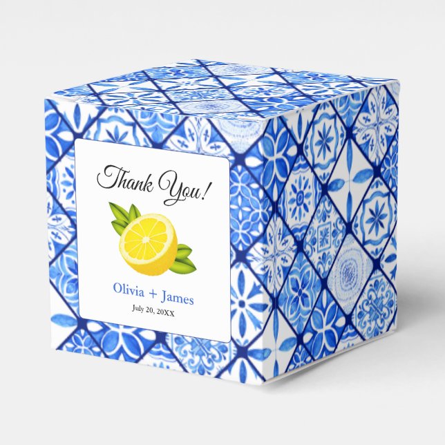 Mediterranean Blue Tile Lemon Thank You Wedding Favour Box (Front Side)
