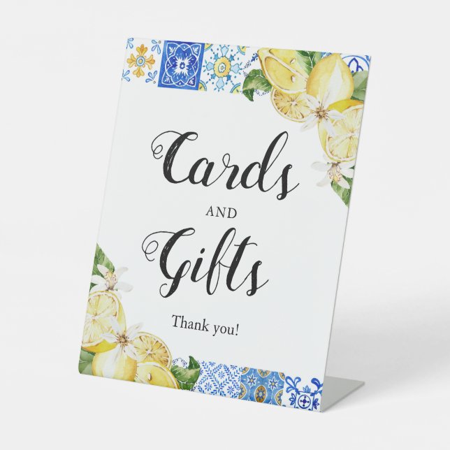 Mediterranean Blue Tile Lemons Card and Gift Sign (Front)