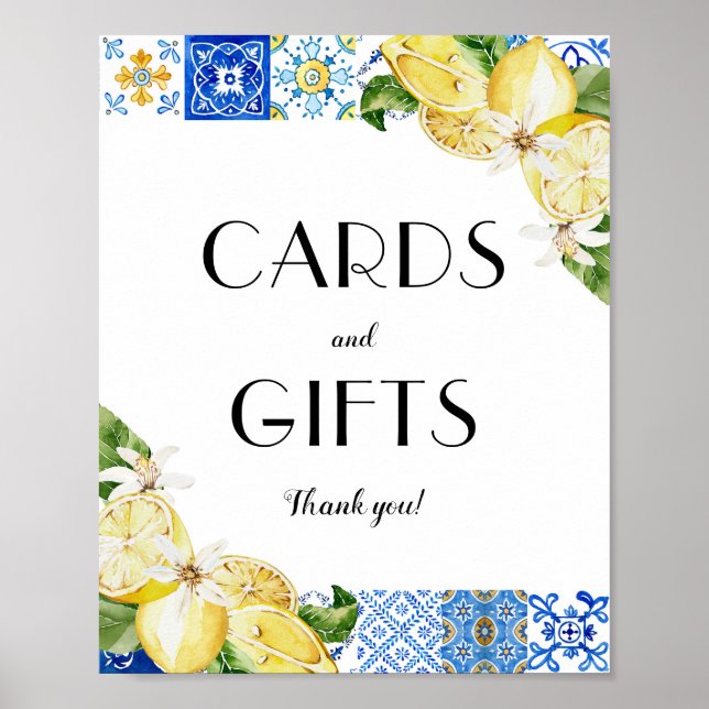 Mediterranean Blue Tile Lemons Card and Gift Sign (Front)