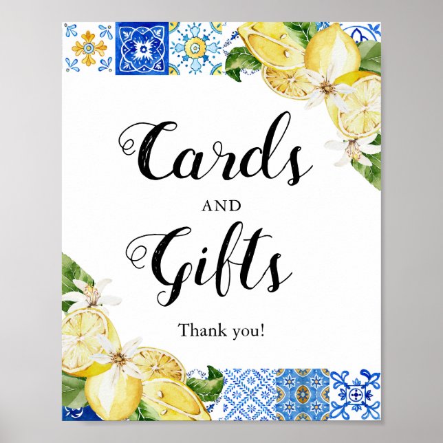 Mediterranean Blue Tile Lemons Card and Gift Sign (Front)