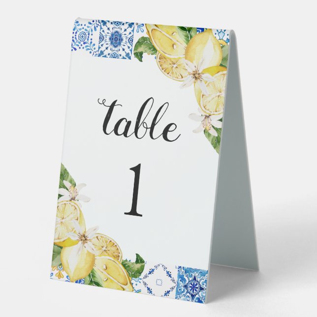 Mediterranean Blue Tile Lemons Table Number Cards (Front)