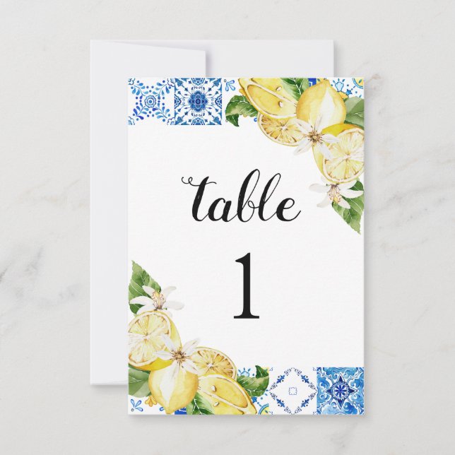 Mediterranean Blue Tile Lemons Table Number Cards (Front)