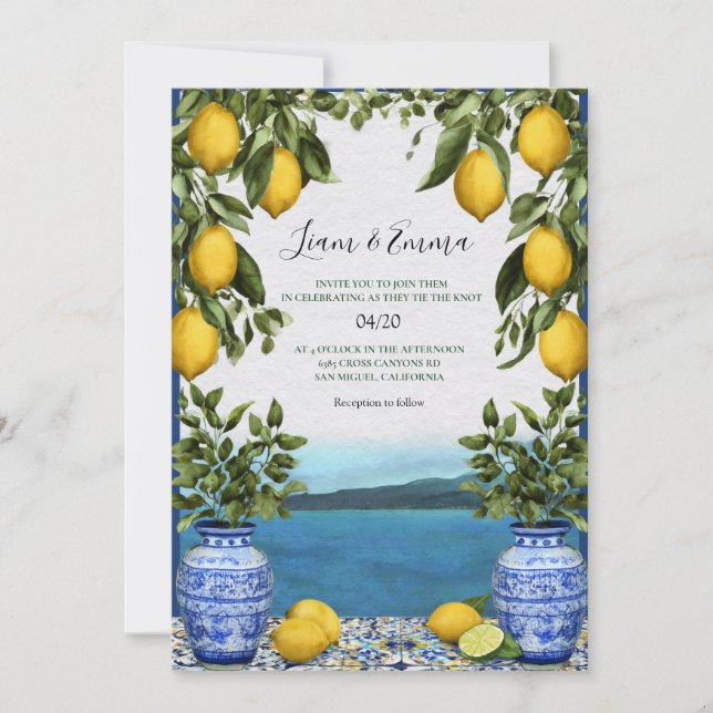 Mediterranean Blue Tile Lemons Wedding Invitation (Front)