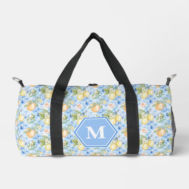 Mediterranean Blue Tile Limoncello Monogram Name Duffle Bag (Front)
