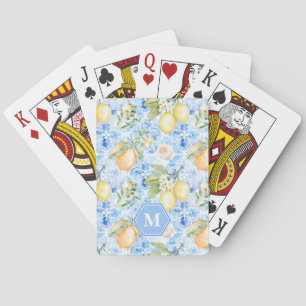 Mediterranean Blue Tile Limoncello Monogram Name Playing Cards