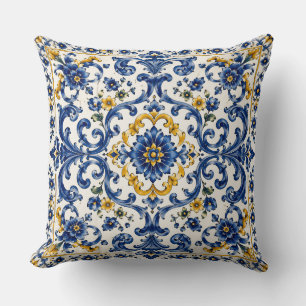 Mediterranean Blue Tile Pattern Italian Ceramic Cushion