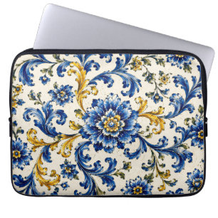 Mediterranean Blue Tile Pattern Italian Ceramic Laptop Sleeve