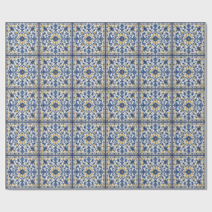 Mediterranean Blue Tile Pattern Italian Ceramic Wrapping Paper