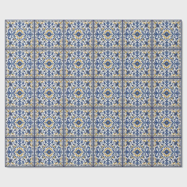 Mediterranean Blue Tile Pattern | Italian Ceramic  Wrapping Paper (Flat)