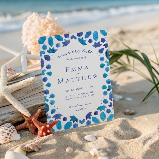 Mediterranean Blue Tile Pattern Wedding QR Save The Date (Creator Uploaded)