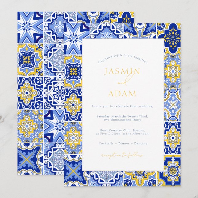 Mediterranean Blue Tile Wedding Invitation (Front/Back)
