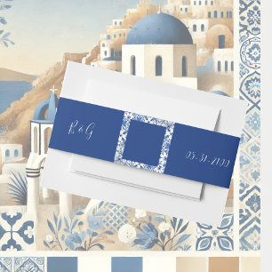 Mediterranean Blue Tile Wedding Invitation Belly Band
