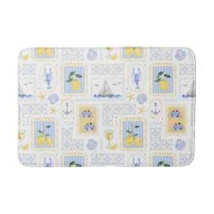 Mediterranean Blue Tile Yellow Lemon Coastal Bath Mat