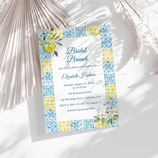 Mediterranean Blue Tiles and Lemons Bridal Brunch Invitation (Mediterranean Blue Tiles and Lemons Bridal Brunch Invitation on a sunny white table.)
