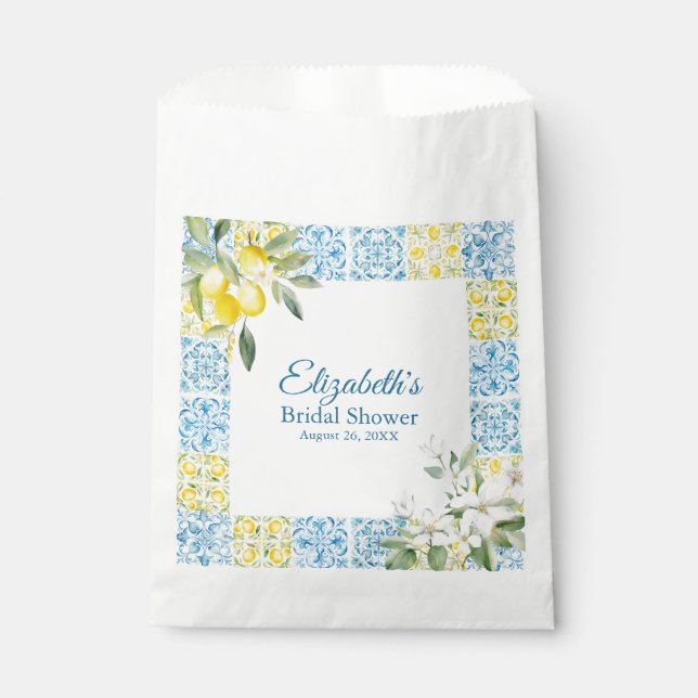 Mediterranean Blue Tiles and Lemons Bridal Shower Favour Bags (Front)