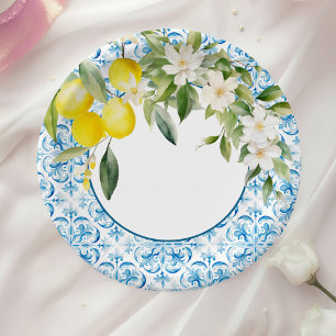 Mediterranean Blue Tiles and Lemons Bridal Shower Paper Plate