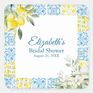 Mediterranean Blue Tiles and Lemons Bridal Shower Square Sticker