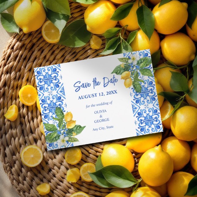 Mediterranean blue tiles and lemons save the date  (Creator Uploaded)
