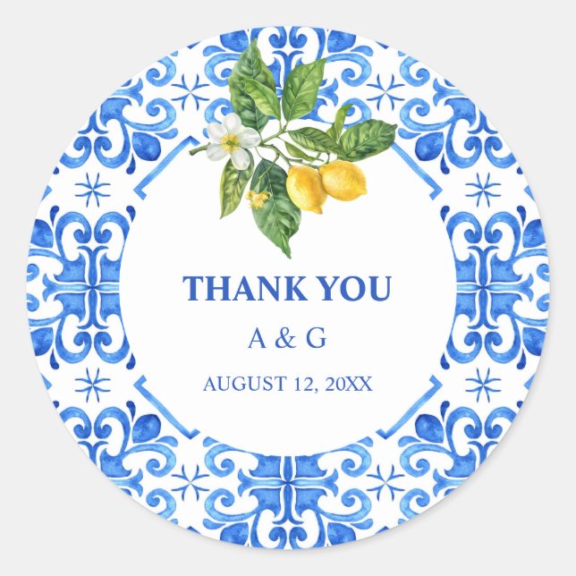 Mediterranean blue tiles and lemons wedding  classic round sticker (Front)