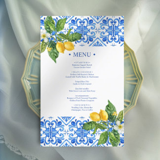 Mediterranean blue tiles and lemons wedding menu
