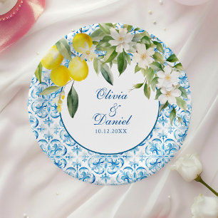 Mediterranean Blue Tiles and Lemons Wedding Paper Plate