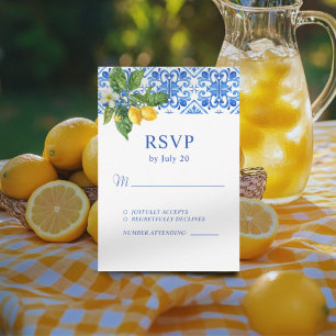 Mediterranean blue tiles and lemons wedding RSVP card