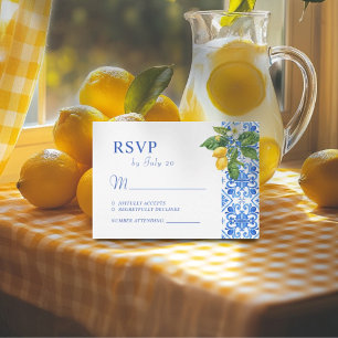 Mediterranean blue tiles and lemons wedding RSVP card