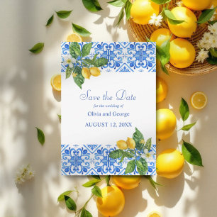 Mediterranean blue tiles and lemons wedding save the date