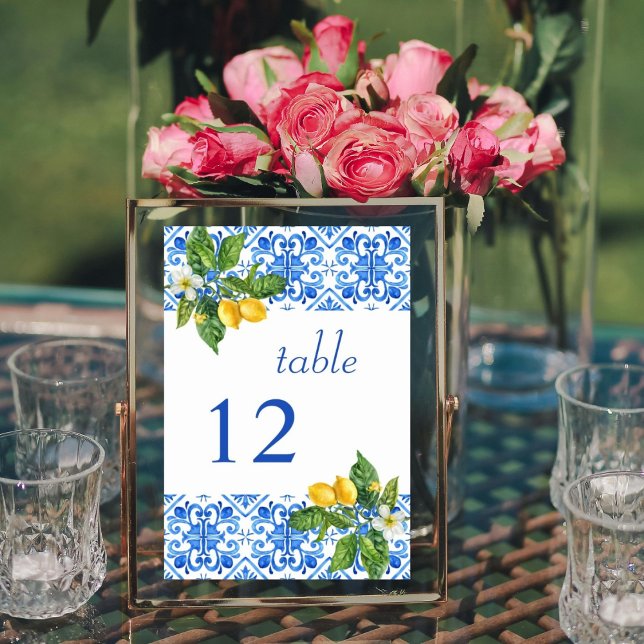 Mediterranean blue tiles and lemons wedding  table number (Creator Uploaded)