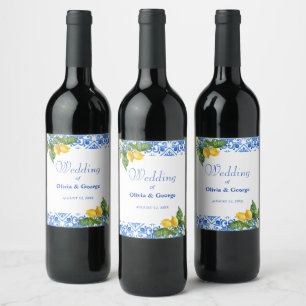 Mediterranean blue tiles and lemons wedding  wine label