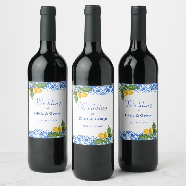 Mediterranean blue tiles and lemons wedding  wine label (Bottles)