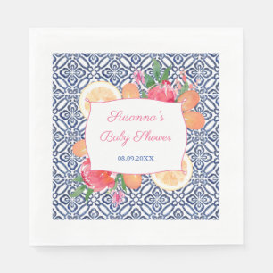 Mediterranean Blue Tiles Citrus Baby Shower Party Napkin