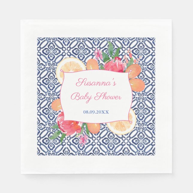 Mediterranean Blue Tiles Citrus Baby Shower Party Napkin (Front)