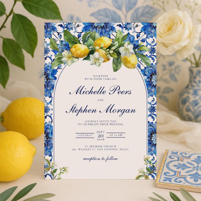 Mediterranean Blue Tiles Citrus Lemon Invitation (Creator Uploaded)