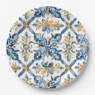 Mediterranean Blue Tiles Decor Paper Plates