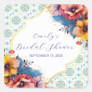 Mediterranean Blue Tiles Floral Bridal Shower Square Sticker