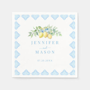 Mediterranean Blue Tiles Lemon Italian Wedding Napkin