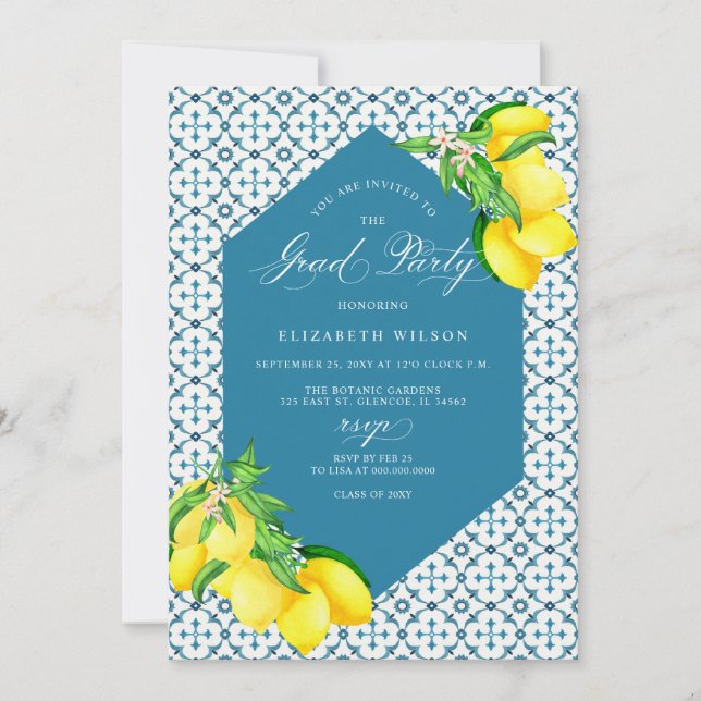 Mediterranean Blue Tiles Lemon Photo Graduation Invitation (Front)