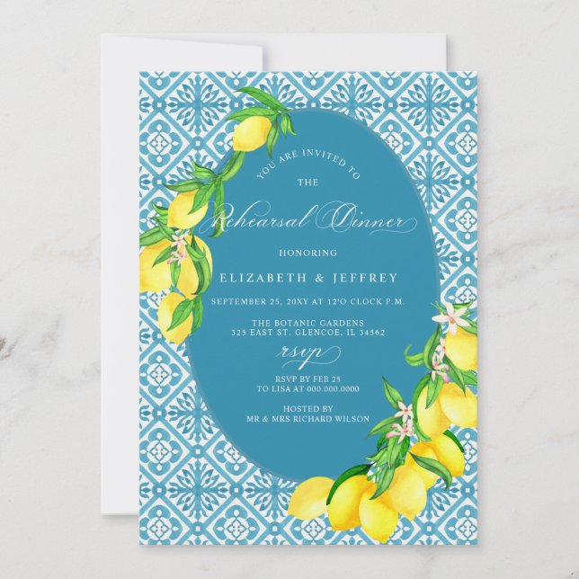 Mediterranean Blue Tiles Lemon Rehearsal Dinner Invitation (Front)