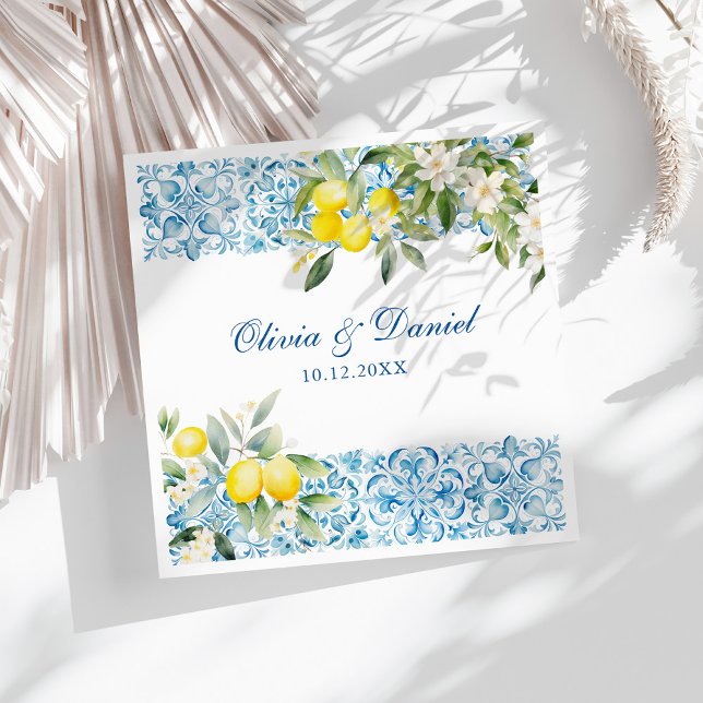 Mediterranean Blue Tiles & Lemon Wedding Napkin (Mediterranean Blue Tiles & Lemon Wedding Paper Dinner Napkins on a sunny white table.)